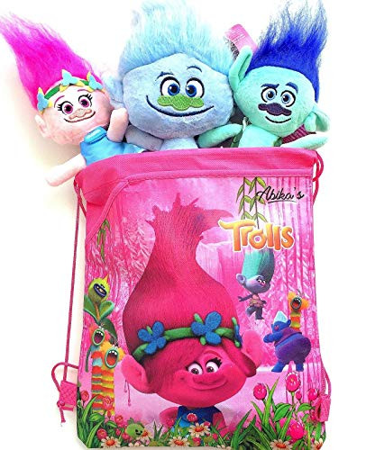 Happy Trolls Poppy, Branch and Guy Diamond. DreamWorks Trolls Movie 9" -11" Plush Dolls Set of 3, Comes in Fun Abika's Troll Drawstring Bag/Tote/Backpack. Bring Your Trolls with You.