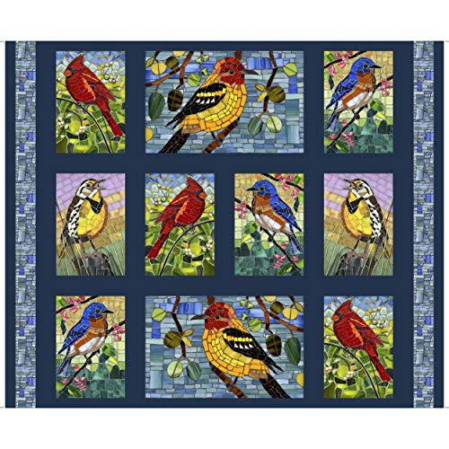 Quilting Treasures QT Fabrics Glass Menagerie Mosaic Birds Picture Patch 36'' Panel Navy