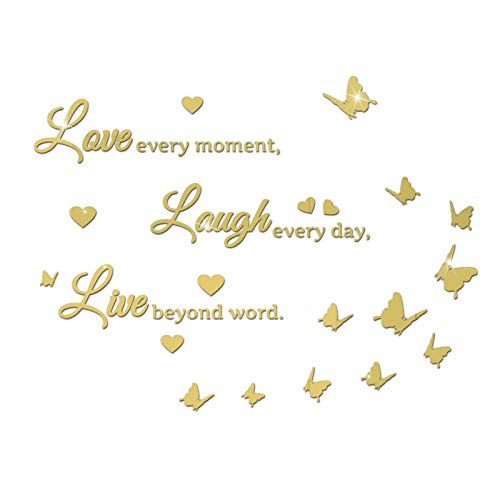 LASZOLA DIY Mirror Butterfly Wall Sticker Love Laugh Live Quotes Wall Decal 3D Butterflies Heart Home Nursery Decor Art Murals Paper Decoration for Living Room Office Bathroom -Gold-