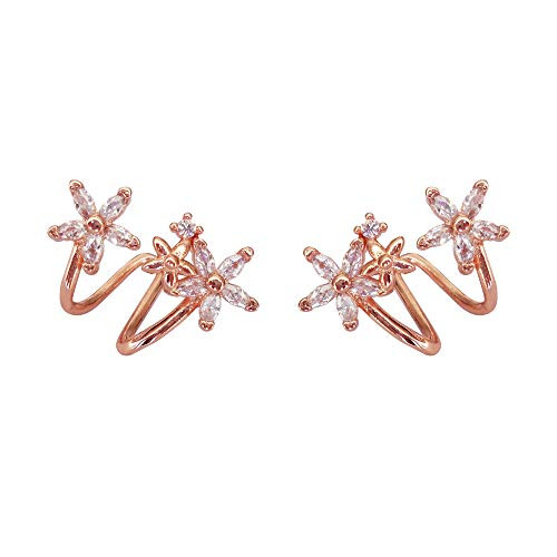 Hiqmic 925 Sterling Silver Flowers Wave Curved Zirconia Ear Clip Earrings White Gold Plated Fashion Jewelry Gift_WK90105-Rosegold