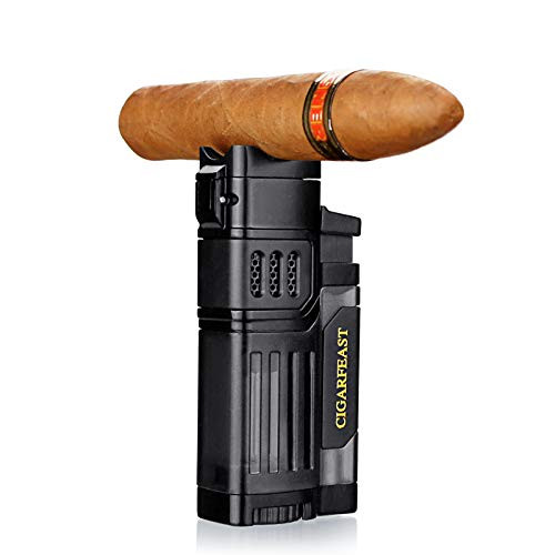 Cigar Lighter Torch with Rest Stand Windproof Four Jet Strong Flame Butane Refillable Scorch Lighters-Without Gas- -Black-