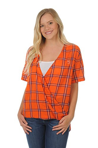 UG Apparel NCAA Clemson Tigers Adult Women Short Sleeve Plaid Large Orange-Purple