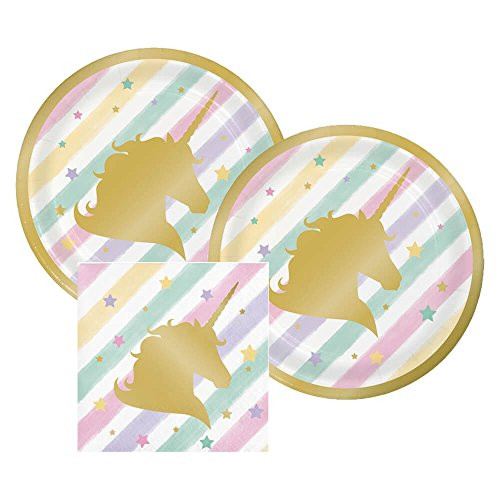 Unicorn Sparkle Paper Dessert Plates and Napkins 16 servings Bundle- 3 items