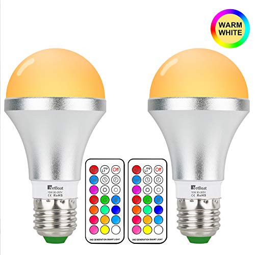 NetBoat LED Color Changing Light Bulb with Remote Control,10W E26 RGB+Warm White LED Bulbs Dimmable,Memory Function and Wall Switch Control,Ideal Lighting for Home Decoration,Stage,Bar,Party,2 Pack