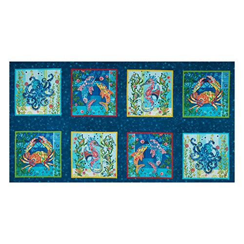 Studio E Fabrics Blooming Ocean Digital 9'' Blocks 34'' Panel Fabric Dark Blue