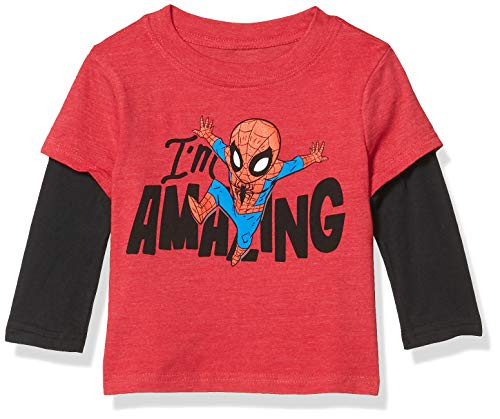Marvel Spiderman Boys' Toddler Amazing Spider-Man Avengers Long Sleeve Doubler T-Shirt Red Heather-Black 4T