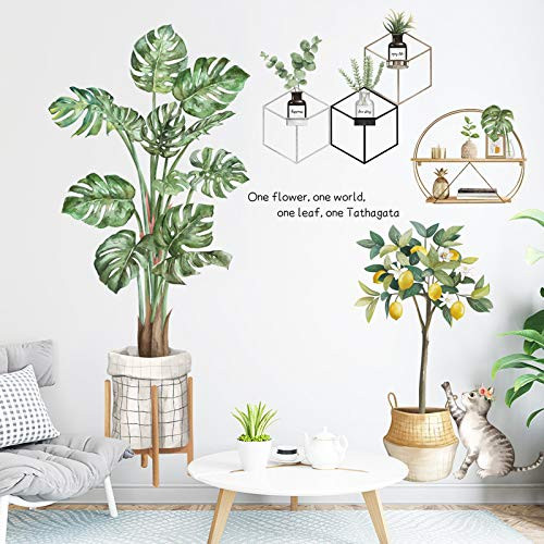 Potted Plants Wall Stickers Leaves Wall Sticker Peel and Stick Leaf Wall Art Decals for Kids Girl Bedroom Living Room Bathroom Kitchen Mirror Classroom-XN-