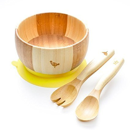 LaBoos Baby Kids Suction Bowl Spoon Fork, Infant Feeding, Baby Registry, Bamboo Bowl, Unisex. Baby Bowl Set + Baby Spoons Set. FDA Approved BPA Free, Stay Put Suction bowl,Yellow