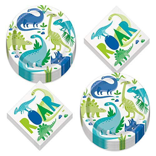 Blue  and  Green Dinosaur Party Paper Dinner Plates and Lunch Napkins -Serves 16-
