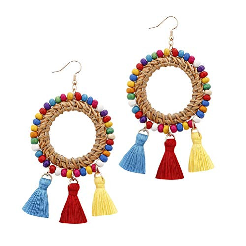 Boho Circle Rattan Beaded Drop Dangle Earrings with Tassel Statement Wooden Hoops for Women Girls -Colorful-