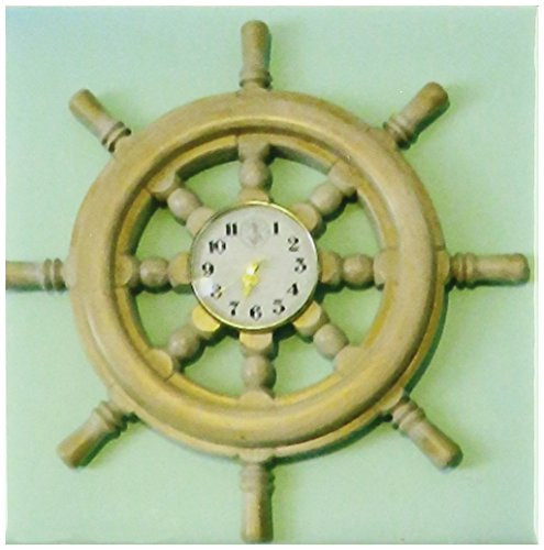 3dRose ct_155347_1 Nautical Wheel Clock on Seafoam Green Ceramic Tile, 4"