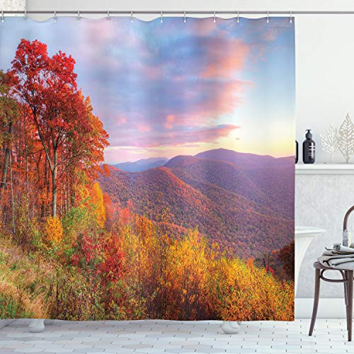 Ambesonne Mountain Shower Curtain Sunrise Sky Colors Autumn Falls at South Western Village Scenery Cloth Fabric Bathroom Decor Set with Hooks 70" Long Orange Green