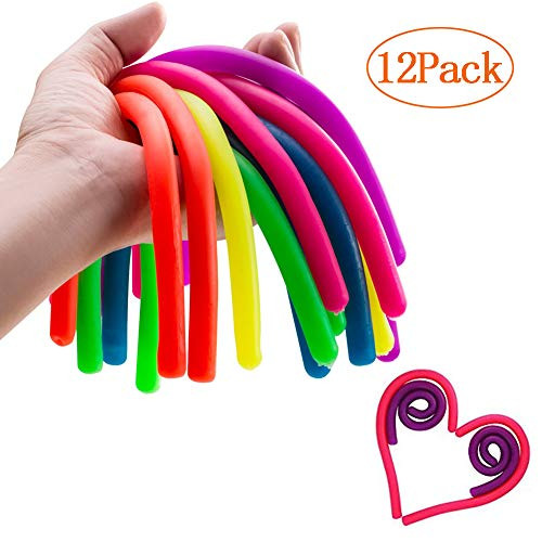 MOJELO 12 Pack Stretchy String Fidgets Sensory Toys Build Resistance Squeeze Strengthen Arms Monkey Noodle Stress Reliever Toy for Kids with ADD ADHD or Autism and Adults to Increase Focus Patience