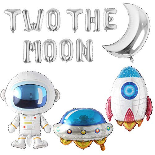 Space Party Balloons Decorations Two the Moon Letter Foil Balloons Rocket Balloon Astronaut Balloon Airship Balloon Moon Balloon for Space Themed 2nd Birthday Party Decor