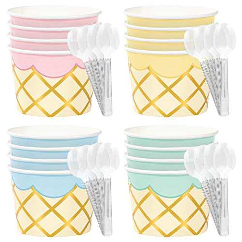 Creative Converting Ice Cream Party Treat Cups Bundle - 4 Colors of Cups  and  Spoons for 16 Guests - Birthday Party Supplies Movie Night School Church Events