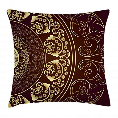Ambesonne Mandala Throw Pillow Cushion Cover, Vintage Ethnic Ancient Cosmos Pattern with Swirled Floral Leaves Artwork, Decorative Square Accent Pillow Case, 18 X 18 Inches, Burgundy and Yellow