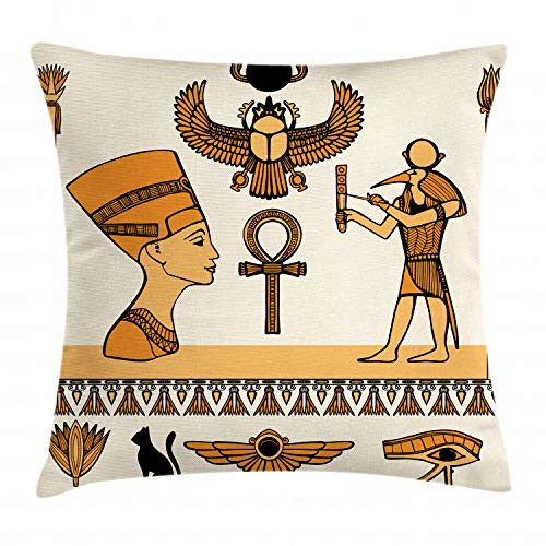Ambesonne Egyptian Throw Pillow Cushion Cover, Historical Ancient Symbols Set with Nefertiti Profile Antique Artwork, Decorative Square Accent Pillow Case, 24 X 24 Inches, Ivory Marigold Black