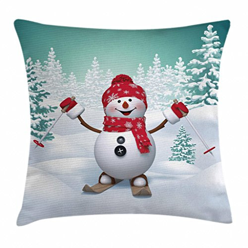 Ambesonne Christmas Throw Pillow Cushion Cover, Snow Covered Mountain with Fir Trees and Skiing Snowman Fun Holiday Activity, Decorative Square Accent Pillow Case, 20 X 20 Inches, Teal Red White