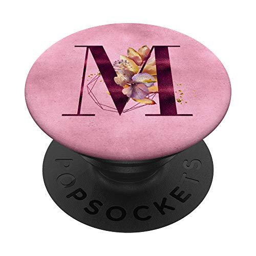 Burgundy floral initial letter M monogram pink flowers PopSockets Grip and Stand for Phones and Tablets