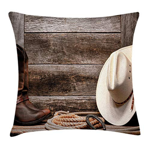 Ambesonne Western Throw Pillow Cushion Cover, Authentic American Rodeo Items Lasso Hat Boots Horseshoe Rustic Wooden House, Decorative Square Accent Pillow Case, 16 X 16 Inches, Brown Cream Tan