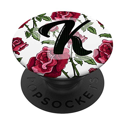 Letter K - Monogram Name Initials with a red rose pattern PopSockets Grip and Stand for Phones and Tablets