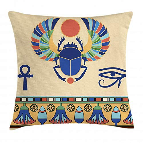 Ambesonne Egyptian Throw Pillow Cushion Cover, Ancient Antique Historical Culture Icon of Scarab Eye with Ornaments Print, Decorative Square Accent Pillow Case, 18 X 18 Inches, Multicolor