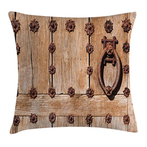 Ambesonne Rustic Throw Pillow Cushion Cover, Spanish Entrance of Rusty Medieval Style Handlers Archway Facade Historical Image, Decorative Square Accent Pillow Case, 18 X 18 Inches, Pale Brown