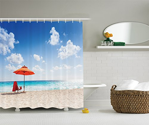 Ambesonne Coastal Decor Collection, Sea Panorama with Blue Sky Clouds Paradise Shore Clear Water Picture, Polyester Fabric Bathroom Shower Curtain, Orange Ivory Blue