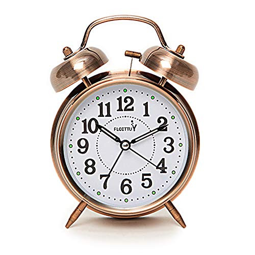 FLOITTUY -Loud Alarm for Deep Sleepers- 4'' Twin Bell Alarm Clock with Backlight for Bedroom and Home Decoration-Red-Brown-