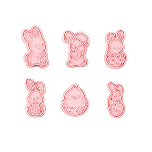 Easter Cookie Cutters Bunny Easter Eggs Plastic Biscuit Press Stamp Molds Cake Decor DIY Baking Tools -Pink 6pcs-