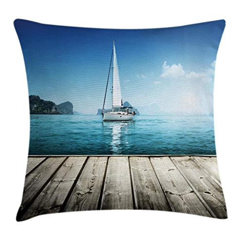 Ambesonne Nautical Decor Throw Pillow Cushion Cover, Yacht from Wooden Deck Horizon Serene Seascape Leisure Aquatic Coastal Theme, Decorative Square Accent Pillow Case, 24 X 24 Inches, Blue Brown