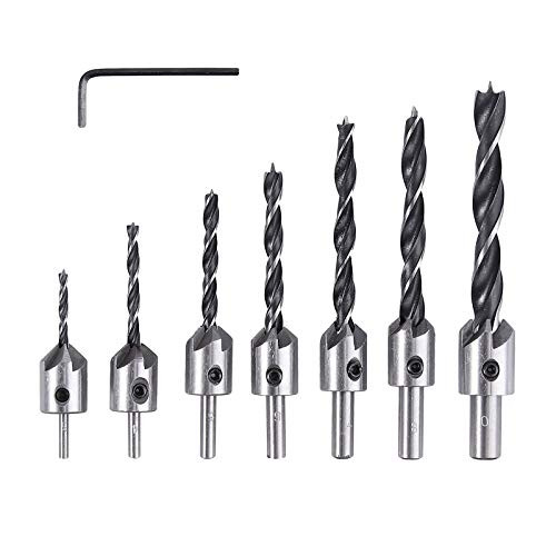 7 Pcs HSS Countersink Drill Bit Set Spiral Flute Tapping Tool Set Kit Tap Bit Set with Hex Key Wrench for Wood Drilling or Woodworking Chamfer