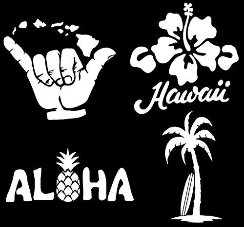 Hawaii Decal 4 Pack- Hang Loose Islands Hawaii Hibiscus Aloha Pineapple Palm Tree Surf Board -White Large ~5"- Hawaii Decal 4 Pack- Hang Loose Islands Hawaii Hibiscus Aloha Pineapple Palm Tree Surf Board -White Large ~5"-