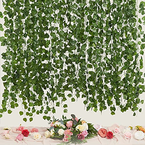 LA.PONEE 12 Strands Artificial Ivy Leaf Plants Vine Hanging Garland Fake Foliage Flowers Home Kitchen Garden Office Wedding Wall Decor -Green 3-84 Feet-