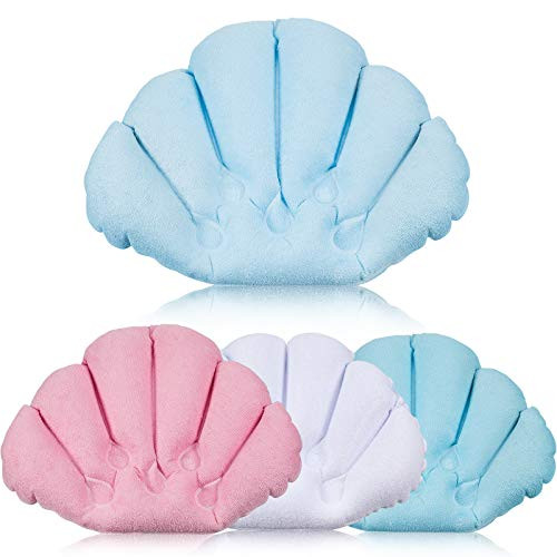 4 Pieces Inflatable Bath Pillow with Suction Cups Terry Cloth Covered Bathtub Pillow Shell Shape Bath Pillow Comfortable Soft Bath Cushion Neck Support for Bathtub Home Spa Tub 4 Colors