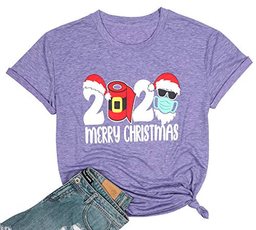 2020 Merry Christmas Women Shirts Funny Xmas Santa Hat Cap Graphic Letter Printed Tshirts Short Sleeve Tee Tops -Purple Medium-
