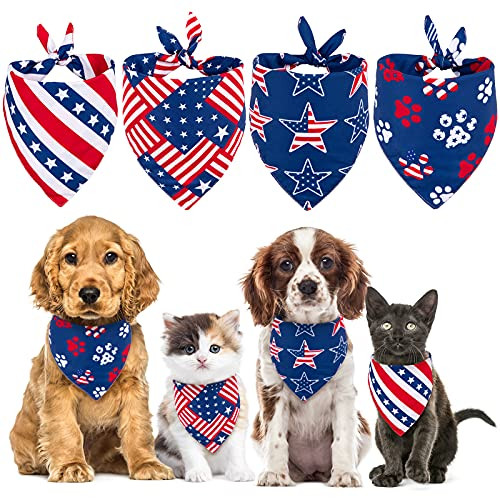 Whaline 4th of July Dog Bandanas 4 Pack Patriotic Stars and Stripes Triangle Bibs Red Blue American Flag Pet Scarf Washable Pet Neckerchief Pet Costume Accessories for Independence Day Cat Dog Decor