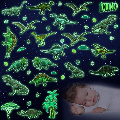 114 Pieces Dinosaur Wall Decals Glow in The Dark Dinosaur Wall Stickers Removable Dinosaur Wall Decor Dinosaur Wall Mural for Kids Nursery Living Room Classroom Birthday Decoration -Luminous-