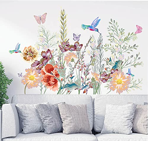 TIICA Garden Flowers Wall Decals Watercolor Blossom Wildflowers Green Leaves Peel and Stick Wall Art Floral Stickers for Bedroom Living Room TV Wall Home Decor