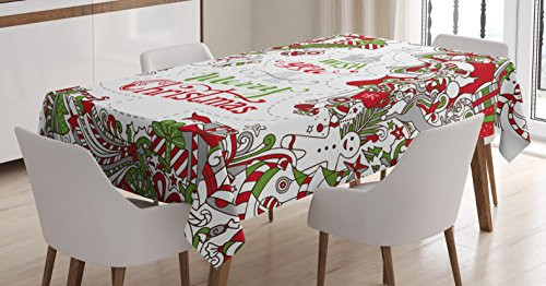 Ambesonne Christmas Tablecloth, We Wish You a Merry Christmas Hand Written Greeting Snowman Santa Sock Hat Beard, Dining Room Kitchen Rectangular Table Cover, 60 W X 84 L inches, Multicolor
