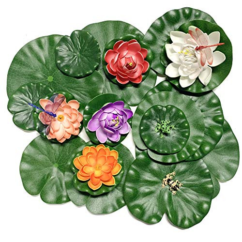 PietyPet 21 Pieces Realistic Lily Pads Artificial Water Floating Foam Lotus Flowers with Artificial Dragonfly Frog Lotus Leaves Water Lily Pads Ornaments for Pond Pool Aquarium Water Decoration PietyPet 21 Pieces Realistic Lily Pads Artificial Water Floating Foam Lotus Flowers with Artificial Dragonfly Frog Lotus Leaves Water Lily Pads Ornaments for Pond Pool Aquarium Water Decoration