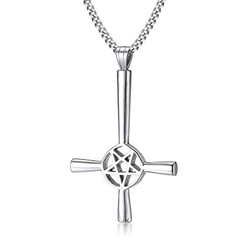 FAANCU Inverted Pentagram Cross Necklace Silver Stainless Steel Upside Down Lucifer Satan Satanic Symbol Pendant with 24" Cuban Chain Set FAANCU Inverted Pentagram Cross Necklace Silver Stainless Steel Upside Down Lucifer Satan Satanic Symbol Pendant with 24" Cuban Chain Set