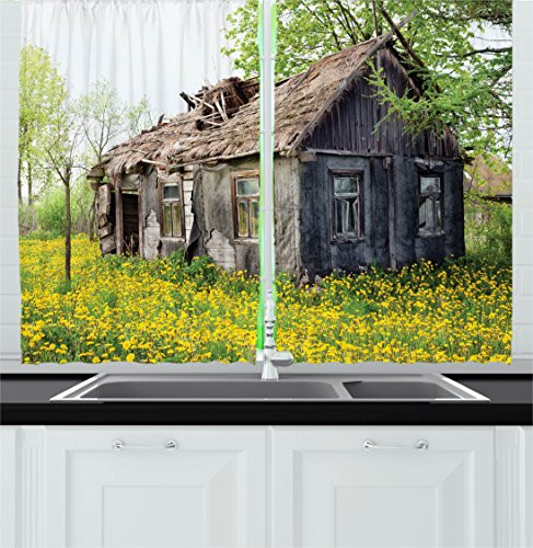 Ambesonne Wooden Decor Kitchen Curtains, Old Barn Farmhouse Countryside Cottage House in Garden Rural Vintage Picture, Window Drapes 2 Panels Set for Kitchen Cafe, 55W X 39L Inches, Brown Green