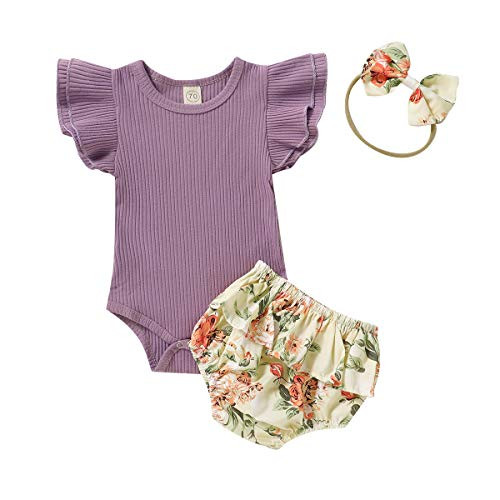 Baby Girl Ribbed Romper Jumpsuit Ruffled Outfit Floral Shorts Headband 3PCS Set Summer Clothing -Purple 0-6 Months- Baby Girl Ribbed Romper Jumpsuit Ruffled Outfit Floral Shorts Headband 3PCS Set Summer Clothing -Purple 0-6 Months-