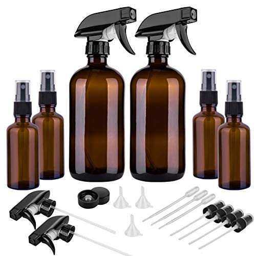 Amber Glass Spray Bottles Set for Essential Oils and Cleaning Solutions Empty Spray Bottle with Trigger  and  Fine Mist Sprayer -16oz x 2 2oz x 4-