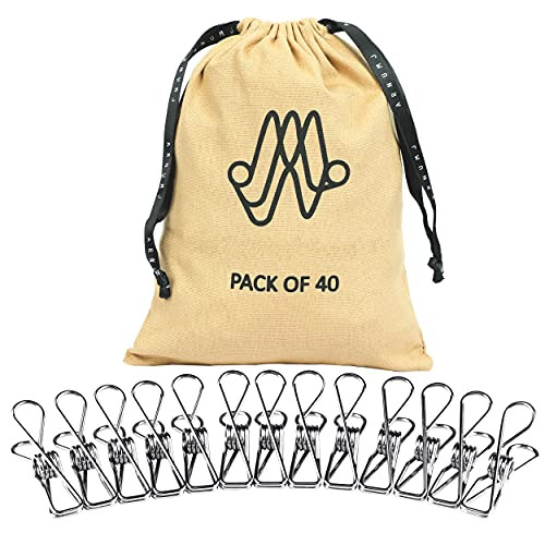 Wire Clothespins Laundry Chip Bag Clips Pack 40 with Bag Heavy Duty Clothes Pins Metal Clothespin Silver Multipurpose Clothesline Clip for Laundry Hanging Kitchen Bags Travel Office Decor Food Bag