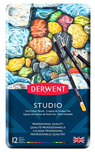 Derwent Studio Colored Pencils, 3.4mm Core, Metal Tin, 12 Count (32196)