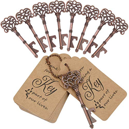 WODEGIFT 20 PCS Wedding Favors- Party Favors Key Bottle OpenerVintage Skeleton Key Bottle Openers with Escort Tag Cards and Key Chains-Red Copper-