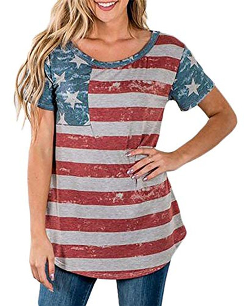 Women's American Flag Shirt 4th of July T-Shirt Patriotic Short Sleeve Tee USA Stripe Star Summer Blouse Tops Red