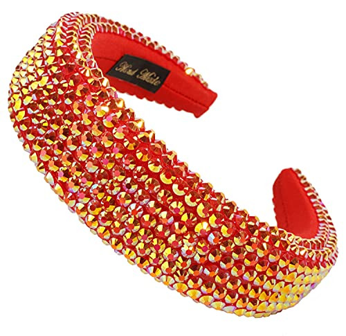 Rhinestone Velvet Padded Headband for Women Crystal Bejewelled Wide Hairband Wedding Headpiece Party Hair Accessory-Red